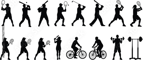 Collection of Sports and Fitness Silhouettes, Including Tennis, Baseball, Golf, Cycling, and Weightlifting, Representing Athletic Training, Active Lifestyle, Exercise, Competition
