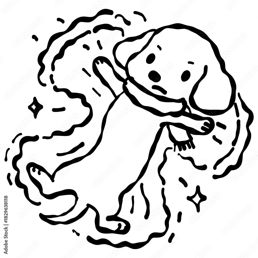 Fototapeta premium Whimsical Christmas Dachshund Floating in Cozy Winter Magic Swirls Cute Holiday Dog Line Art Illustration for Festive Season Crafts and Clipart Designs