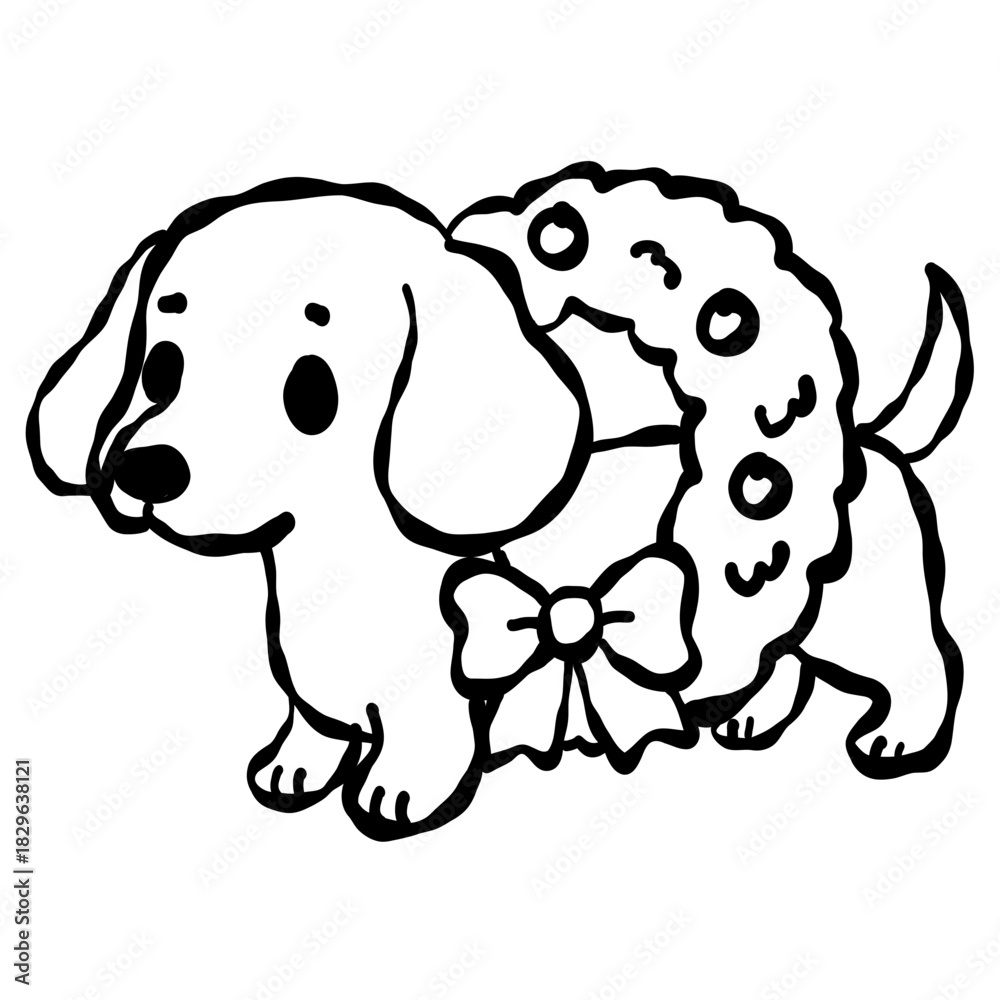 Fototapeta premium cute dachshund christmas wreath pup holiday dog art adorable festive winter puppy illustration cozy season clipart kawaii style joyful december design