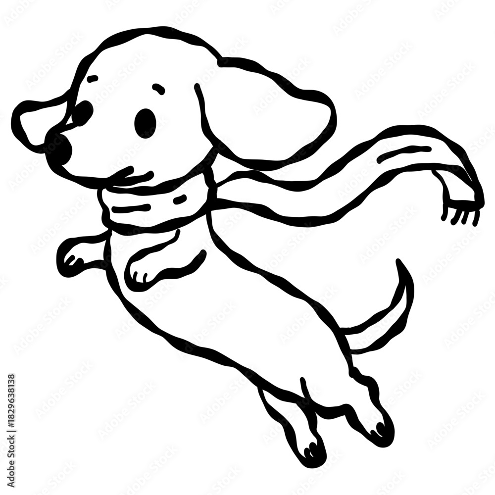 Obraz premium flying dachshund with scarf blowing in winter wind cute christmas dog line art fun whimsical holiday illustration festive clipart
