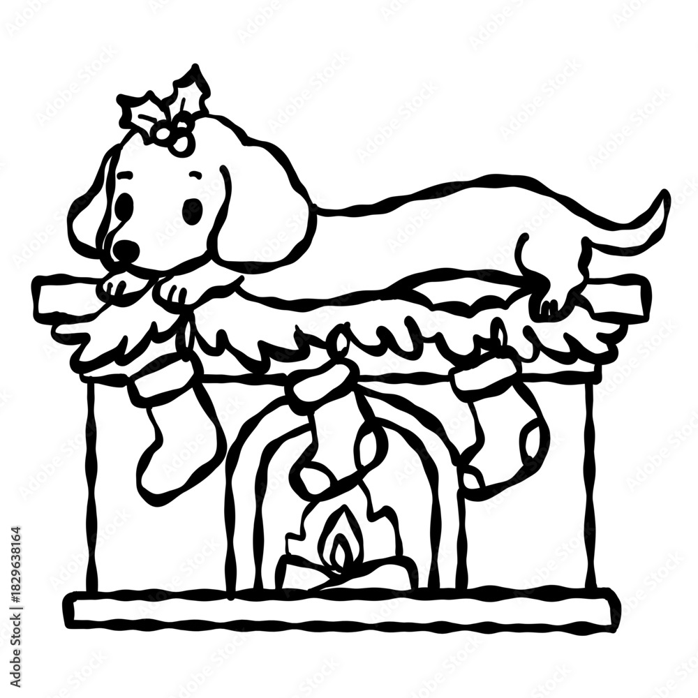Fototapeta premium Sweet dachshund resting on a decorated fireplace mantle with stockings and festive garland creating a warm cozy Christmas scene perfect for holiday clipart lovers