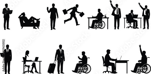 Diverse Collection of Office and Business People Silhouettes Working, Running, Relaxing, Traveling, and Using Wheelchairs, Representing Corporate Jobs, Professional Life, Inclusivity