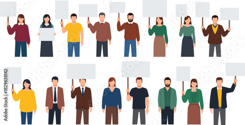 Diverse group of people holding blank white placards and signs for protest, demonstration, or picket, representing activism, social justice, freedom of speech, communication, and public opinion on 