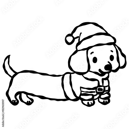Dachshund in Santa hat extra long holiday pup walking in cozy outfit cute Christmas dog illustration winter festive art