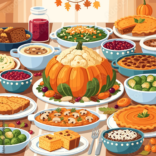 Bountiful harvest feast with a pumpkin centerpiece and classic Thanksgiving dishes on a festive table setting