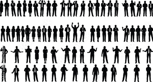 Large Business People Silhouette Collection in Professional Attire with Varied Poses and Gestures, Representing Teamwork, Corporate Diversity, Communication, and Global Professionalism.