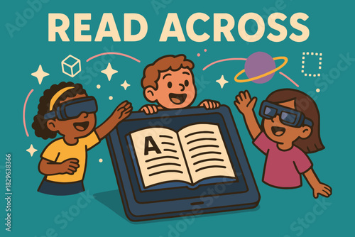 Children experiencing virtual reality reading adventure with augmented reality elements