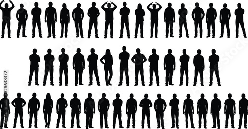 Large Collection of Casual Standing People Silhouettes Vector Set Including Men and Women in Various Relaxed Poses, Representing Audience, Group, Crowd, and Social Gathering