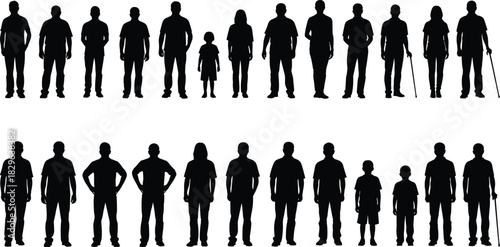 Large Diverse Group of People Silhouettes Vector Set Including Adults, Children, and Seniors Standing in Various Poses, Representing Society, Community, and Demographic Population