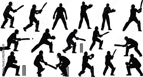 Large Collection of Cricket Players Silhouettes in Various Batting, Fielding, and Wicket-Keeping Poses, Representing Sports Action, Match Competition, Professional Athletes, Game