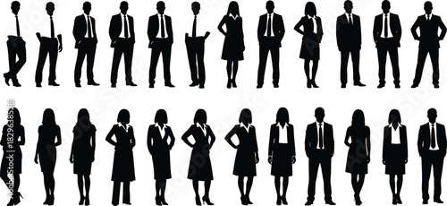 Large vector silhouette collection of diverse male and female business people standing in various poses, representing corporate staff, professionals, executives, office workers, finance industry 