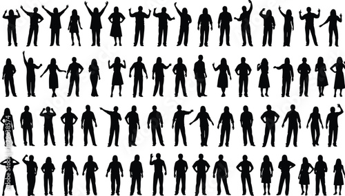 Massive Collection of Cheering People and Diverse Crowd Silhouettes with Hands Raised, Representing Celebration, Success, Audience, Happiness, Event, Party, Community, and Large Group Gathering.