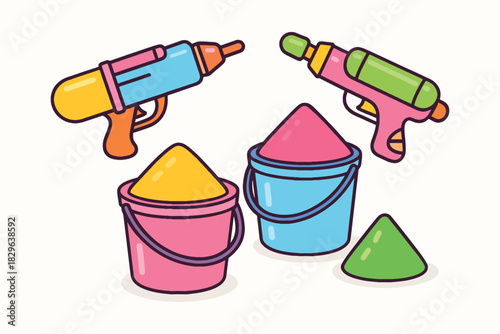 Colorful cartoon illustration of water guns and sand buckets for summer fun