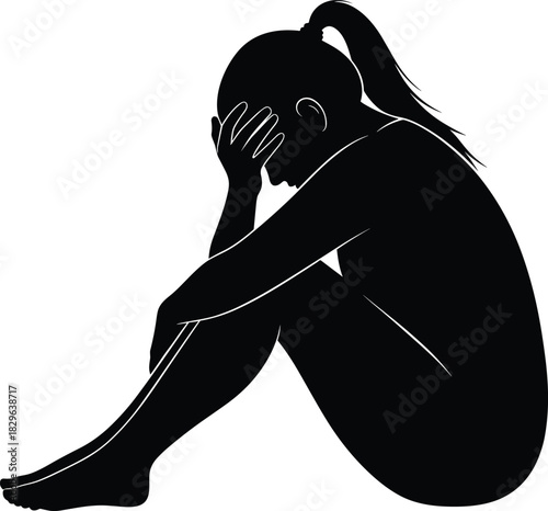 Silhouette of a Depressed, Sad Woman Sitting, Hugging Her Knees, Covering Her Face in Hands, Expressing Grief, Mental Illness, Anxiety, Stress, Trauma, Despair, and Emotional Pain Concept.