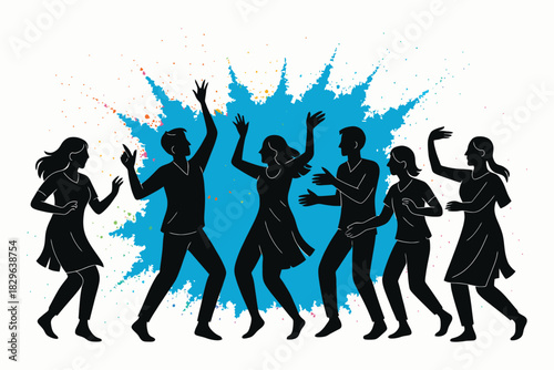 Silhouettes of happy people dancing at a vibrant color festival