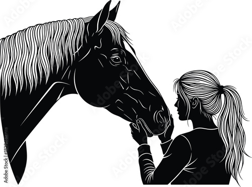 Vector Illustration Silhouette of Woman and Horse Head Touching Noses, Representing Equestrian Love, Animal Bonding, Friendship, Trust, Horse Riding, and Stable Care