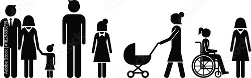 Vector pictogram set showing diverse family and social issues, including parents, children, a mother with a stroller, and a girl in a wheelchair, representing disability, parenthood, childhood