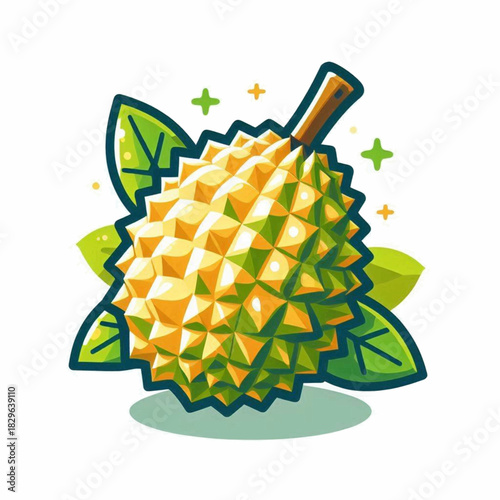 A stylized durian fruit with spiky exterior and leaves against a white background