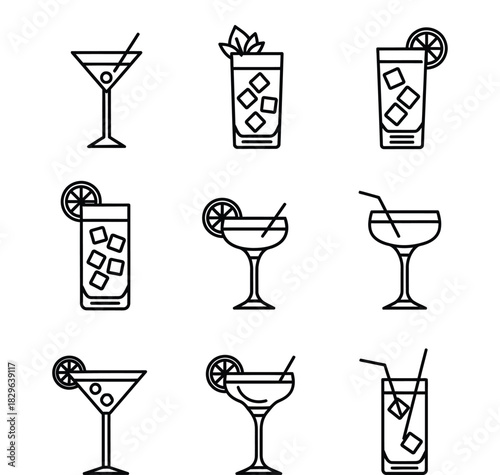 Various cocktails and drinks icon set in simple flat style