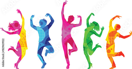 Vibrant dancing silhouettes, colorful abstract people jumping with energy, dynamic celebration movement illustration, festive artistic figures design for creative modern projects and joyful 