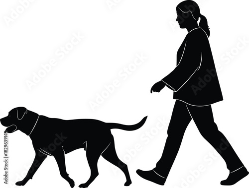 Woman walking dog silhouette illustration, pet owner outdoor activity graphic, human and canine companionship vector design, animal lover simple black silhouette artwork