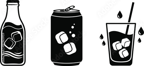 Stylized Cold Beverage Icons Featuring Ice Cubes in Bottle, Can, and Glass with Motion, Bubbles, and Splash Accents