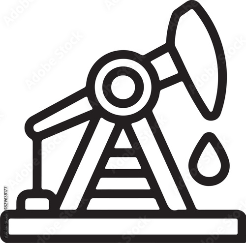 Black silhouette of an oil pump jack with a drop of oil representing petroleum extraction and energy production isolated on transparent background