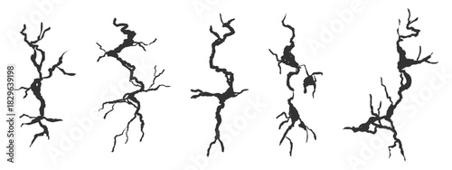 Crack wall, ground texture breaks on land surface. Ground fissure line sketch set. Crash fracture, land damage, earthquake