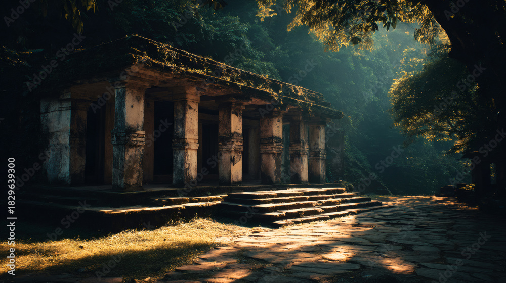 Obraz premium Ancient ruins surrounded by lush greenery in a serene forest setting