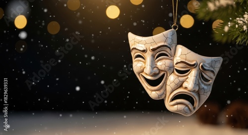 Comedy and tragedy masks as vintage porcelain ornament for Christmas tree, festive snowy background, copy space. Greeting card for theaters, stage performance, drama school, theatre college