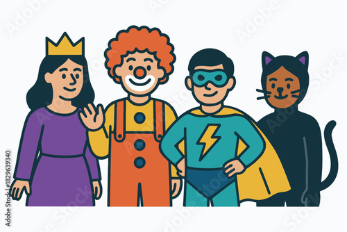 Diverse group of friends dressed in fun costumes for a party
