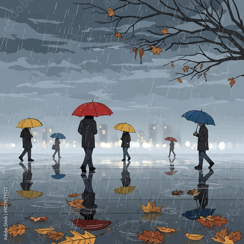 Atmospheric illustration of people with colorful umbrellas walking on a wet city street on a rainy autumn day