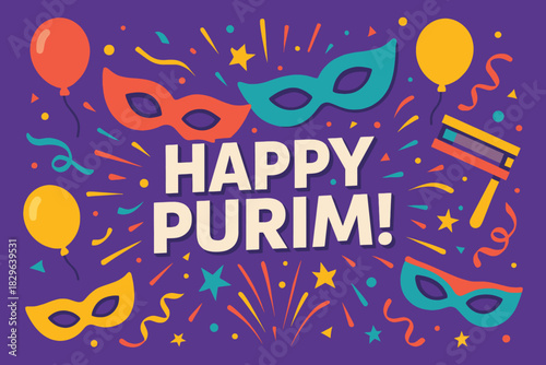 Happy purim celebration with masks balloons and confetti