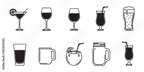 Collection of different type of drink and beverage in simple black outlines