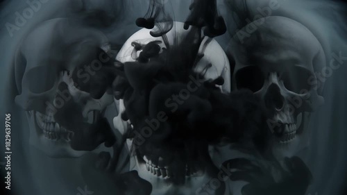 Three skulls with black ink cloud swirling in the center death dark