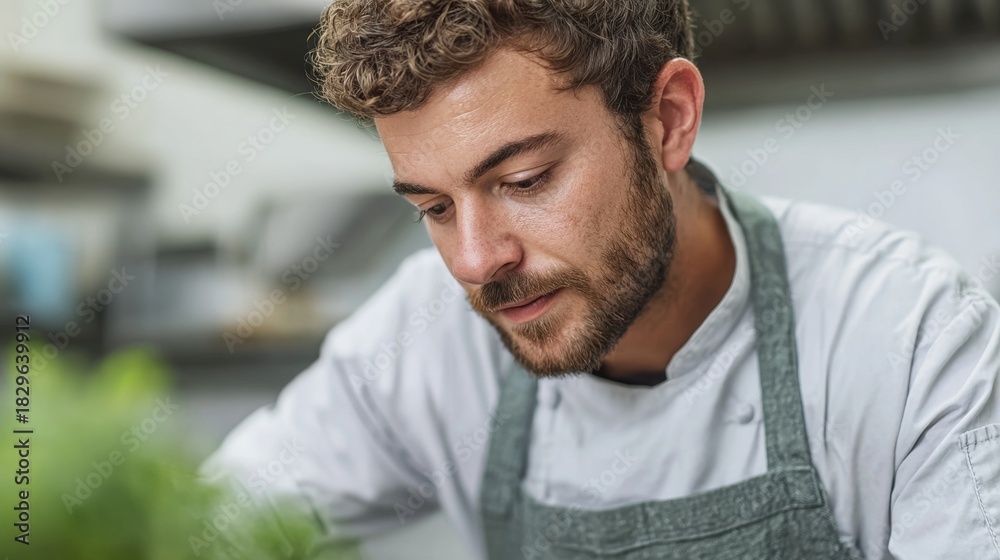 Obraz premium Man in chef uniform preparing food in restaurant kitchen.