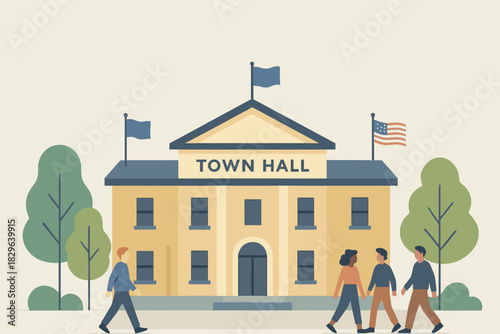 Illustration of a classic town hall building with people walking outside