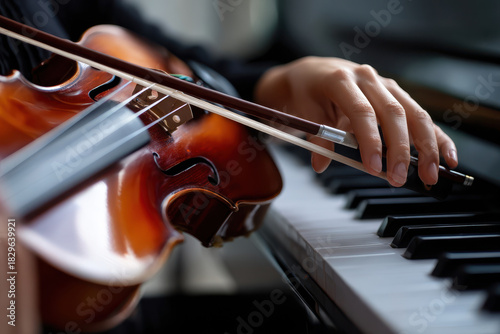 Musician performing on piano and violin in a cozy indoor setting during afternoon light