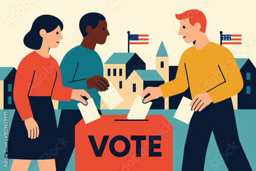 Diverse group of people casting votes at a polling station with american flags