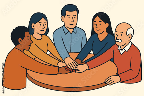 Diverse group of people putting hands together in unity and teamwork
