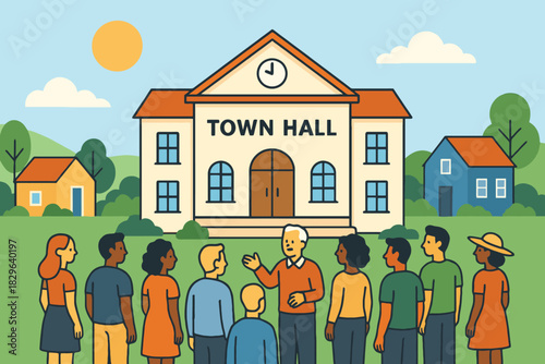 Diverse group of people gathered in front of a town hall building