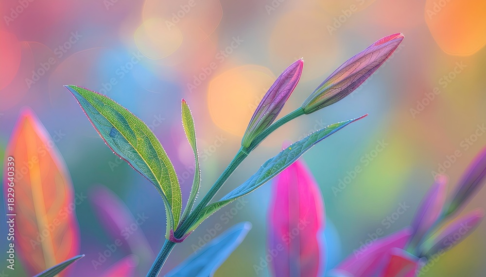 Fototapeta premium Vibrant Pink and Green Leaves with Soft Bokeh Background Illuminated by Gentle Sunlight