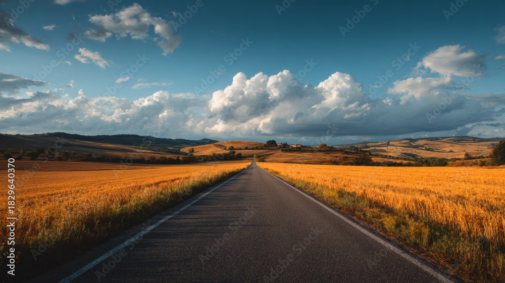 Naklejka premium A scenic road through golden fields under a blue sky with clouds