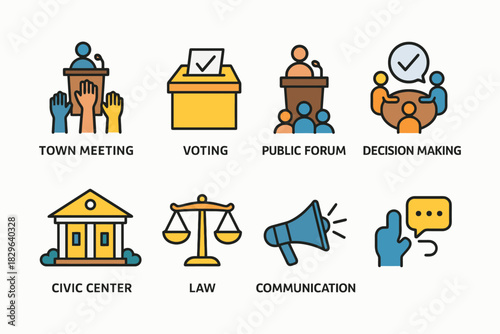 Collection of icons representing civic engagement and democracy