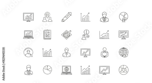 Set of icons representing business, technology, and finance concepts for web and app design