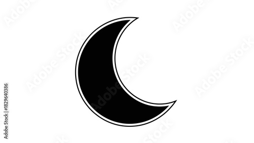 Black crescent moon shape with white outline on a plain white background, a simple graphic design element.
