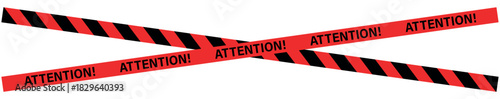 Two crossed red and black striped attention tape strips on a plain white background creating an x shape , ribbons, stripes, tape