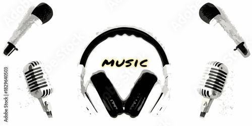 Headphones and microphones with music text in the center of the image