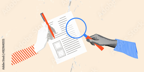 Reviewing a document with magnifying glass and pen for accuracy and detail