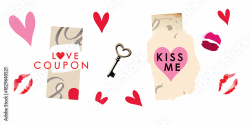 Romantic valentine s day illustration with love coupons hearts and kiss marks